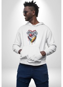 Resim Kalp Damar Renkli Boyalı Kadın Erkek Beyaz Kapüşonlu Sweatshirt Hoodie Beyaz 