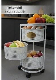 Resim 3 Katlı Tekerlekli Tepsili Kule Sebzelik Açılır Metal Patates Soğan Meyvelik Sepetli Raf Beyaz Beyaz 