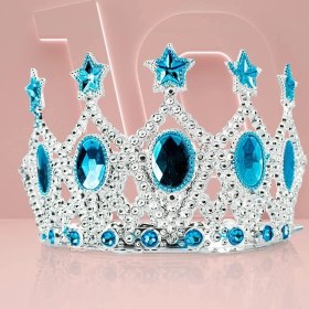 Resim Çocuk Kraliçe Tacı - Mavi Yıldız Işlemeli Prenses Tacı 15X7 cm 