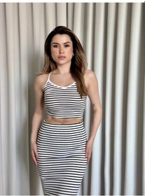 Resim Biçomi Çizgili Etek Crop Takım Beyaz 