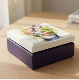 Resim Uretti - Hülya 6683 6206 El Yapımı Nostaljik Retro Kedi Baskılı Kare Ahşap Dekoratif Saklama / Takı Kutusu - Mor 