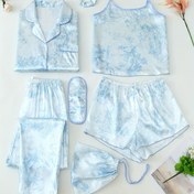Resim Kadın Mürekkep Boyama Baskı Saten Zarif Pijama Takımı, Uzun Kollu Düğmeli Yaka Üst ve Cami Üst, Şort ve Pantolon ve Göz Maskesi, Rahat Rahat Sonbahara Uygun 