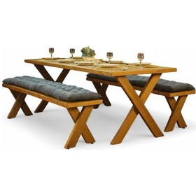 Resim Neiwel Koen Doğal Ahşap Banklı Yemek Masası Takımı-100-260 Takım Açık Ceviz 