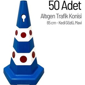 Resim 50'li Kedi Gözlü Mavi Altıgen Trafik Konisi Seti 65 Cm Trafik Dubası-3611 