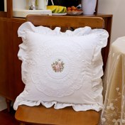 Resim Şık Fransız Vintage Fırfırlı Yastık Kılıfı - Krem Beyaz Dantel İşlemeli, Fermuarlı, Makinede Yıkanabilir, Oturma Odası Koltuk Dekoru için, Ins Tarzı, Yaprak Kenarlı 