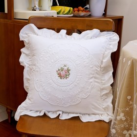 Resim Şık Fransız Vintage Fırfırlı Yastık Kılıfı - Krem Beyaz Dantel İşlemeli, Fermuarlı, Makinede Yıkanabilir, Oturma Odası Koltuk Dekoru için, Ins Tarzı, Yaprak Kenarlı 