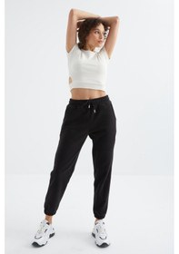 Resim Siyah Yüksek Bel Basic Bağcıklı Jogger Polar Kadın Eşofman Alt - 94622 Siyah 