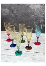 Resim 6 Lı Çift Renkli Cam Ayaklı Kahve Yanı Su Bardağı Bardak 180ml Çok Renkli 