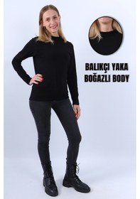 Resim Kadın Balıkçı Yaka Uzun Kollu Body Siyah 