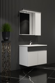 Resim ÖZCEDEN Çuha 65 cm Beyaz-Antrasit Gri Mat MDF Pk-109 Balon Kapak Seramik Lavabolu Asma Banyo Dolabı Takımı 