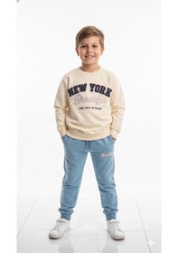 Resim Erkek Çocuk New York Brooklyn Baskılı Eşofman Takımı Rahat Kalıp, Yumuşak Kumaş, 2 Li Sweat Krem 