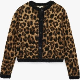 Resim Koton Uzun Kollu Düğmeli Bisiklet Yaka Leopar Desenli Triko Hırka Leopar Desenli 6wak90087ht Leopar Desenli 