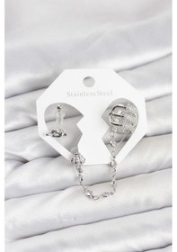 Resim Taşveoyunatölyesi Pirinç Gümüş Renk Sarmal Model Zincir Bağlantılı Ear Cuff Küpe Seti Tg27bkp11537 Çok Renkli 