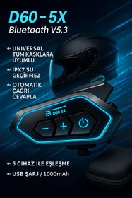 Resim Blic D60-5X Bluetooth v5.3 Motosiklet Interkom Cihazı – IPX7 Su Geçirmez, USB Şarjlı, Universal Uyumlu 