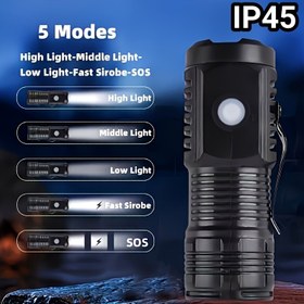 Resim 1 adet Mini Taşınabilir LED El Feneri 5 Modlu - Yüksek, Orta, Düşük Işık, Hızlı Strobos, SOS - USB Şarj Edilebilir, Su Geçirmez, Dayanıklı ABS Gövde, Açık Hava, Kamp ve Günlük Kullanım İçin İdeal, Kamp Ekipmanı | Kompakt El Feneri | Su Geçirmez El Feneri 