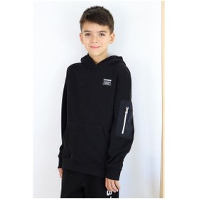 Resim Breeze Erkek Çocuk Sweatshirt Armalı Kolu Cepli Fermuarlı 9-14 Yaş, Siyah Siyah 