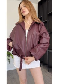 Resim Prifaldi Premium Oversiz Bomber Deri Ceket Bordo 