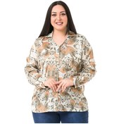 Resim Büyük Beden Yaka Detaylı Şal Desen Saten Bej Rengi Kadın Gömlek 
