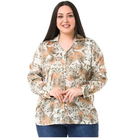 Resim Büyük Beden Yaka Detaylı Şal Desen Saten Bej Rengi Kadın Gömlek 