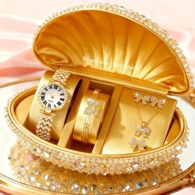 Resim 6'lı Kadın Zarif Altın Tonlu Takı Seti Fiyonklu - Lüks Quartz Mekanizma, Altın Tonlu ve Kordon, Kolye, Bileklik, Küpe, Yüzük ile 6'lı Set - Kadınlar İçin Mükemmel Hediye, Kadınlar İçin Takı Setleri, Zarif Kadın Takı Setleri, kadın saat kol, kadın saat, kol saati, kadın kol saati, bayan saat, bayan kol saati, kol saati kadın 