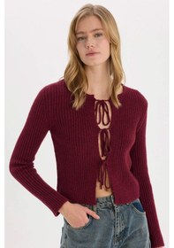 Resim DeFacto Regular Fit Bisiklet Yaka Bağlamalı Basic Düz Triko Bordo Hırka E6914AX25SPBR188 Bordo 