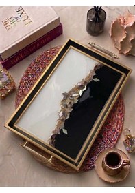 Resim Kristal Desenli Siyah Gold Çerceveli Ve Kulplu Çay Kahve & Sunum Tepsisi 