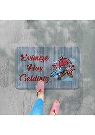 Resim Dijital Baskılı Kapı Önü Paspas Hoşgeldiniz Yazılı Çiçek Desen Ve Kedi Iç Ve Dış Kapı Yıkanabilir Kırmızı 