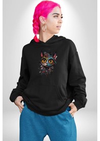 Resim Meksikalı Alebrije Kedi Fütüristik Kedi Kadın Erkek Siyah Kapüşonlu Sweatshirt Hoodie Siyah 