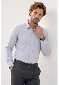 Resim Tudors Erkek Regular Fit Klasik Kesim Oversize %100 Pamuk Keten Doku Lacivert Gömlek-42666 