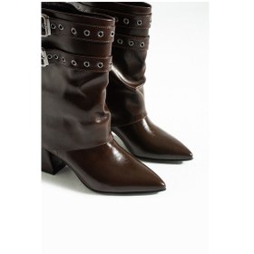 Resim Duxal Shoes Jadira Kadın Toka Detaylı Sivri Burun Topuklu Çizme Bot Acıkahve 