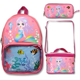 Resim Famebag -Ümit Çanta Şeffaf Bölmeli Pembe Deniz Kızı Okul Çantası Beslenme Ve Kalem Çantası Seti 