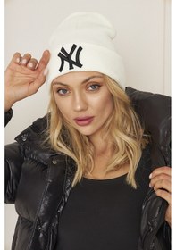 Resim Eke Tekstil Beyaz Unısex Ny Nakış Detaylı Yumuşak Dokulu Triko Bere Beyaz 