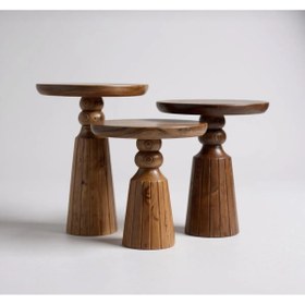 Resim AYLESA Doğal Ahşap 3’lü Set Mantar Yan Sehpa Modern Ceviz Renk Fiskos Zigon Çiçeklik 