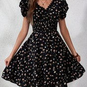 Resim Kadınlar İçin Şık Çiçek Desenli Dantel Detaylı Fırfır Etek Elbise - V Yaka Bel Bağcıklı, Hafif %100 Polyester, İlkbahar/Yaz Günlük ve Gündelik Kıyafet 