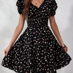 Resim Kadınlar İçin Şık Çiçek Desenli Dantel Detaylı Fırfır Etek Elbise - V Yaka Bel Bağcıklı, Hafif %100 Polyester, İlkbahar/Yaz Günlük ve Gündelik Kıyafet 