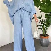 Resim Kadınların Zarif Batwing Kollu Bluz ve Geniş Bacaklı Pantolon Takımı Çift Cebi ile - Yumuşak Polyester, Düğmeli, Tüm Mevsim Giyim, Rahat Kıyafet|Şık Kıyafet| Fabri 