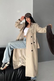 Resim AKD Atelier Kadın Trençkot Uzun Suni Deri Kemerli Düğmeli Cepli Yırtmaçlı Kruvaze Yaka Trençkot 