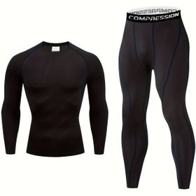 Resim 2'li Erkek Atletik Kompresyon Takımı - Hızlı Kuruyan, Yüksek Esneklikli Uzun Kollu Üst & Tayt Mor Renkte, Spor Salonu & Dış Mekan Aktiviteleri için Nefes Alabilen Polyester Karışımı, İlkbahar/Sonbahar Temel 