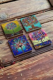 Resim Oscar Stone Decor Taş Bardak Altlığı Renkli Ağaç Family Tree Life - 4 LÜ SET(10 cmx10 cm) 