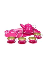 Resim Pembe Puantiyeli Metal Oyuncak Çay Seti 15 Parça - Eğitici Teneke Evcilik Mutfak Oyun Takımı 