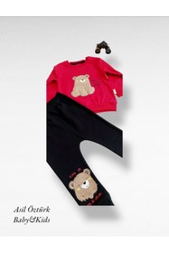 Resim AdımAy Kids Bebek Unisex Kırmızı Alt Üst Takım Pamuklu Eşofman Oturan Ayıcık Model 