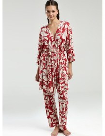 Resim Arnetta Kadın Yarım Kol Sabahlıklı İnce Askılı Büstiyerli Pijama Takım Kırmızı 
