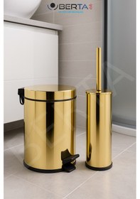 Resim Berta 2'li Beyaz Banyo Seti Çöp Kovası Tuvalet Fırçası - Mini Boy Çöp Poşeti Hediyelidir Altın 