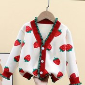 Resim Kızlar için Viskon Astarlı Çilek Desenli Kardigan - Sonbahar/Kış için Rahat Kırmızı ve Beyaz Düğmeli Kazak, Yumuşak Örgü Kazak, Düğmeli Kollu, Günlük veya Tatil Giysileri için Mükemmel, Kazak Elbise 