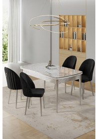 Resim Canisa Rada Serisi 80x132 Açılabilir Lak Panel Beyaz Mermer Desen Masa 4 Siyah Sandalye Krom Detay Beyaz Mermer Desen Masa Sandalyeler Siyah 