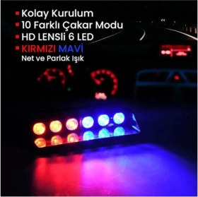 Resim Tiger Marketing S6 Cam Içi Vantuzlu Polis Çakar 6 Ledli Kırmızı Mavi 12 Mod Çakmaklık Girişli 
