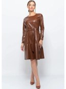 Resim Apsen Kadın Bisiklet Yaka Bağlama Detaylı Deri Görünümlü Kışlık Elbise 4357-100 Taba 