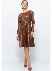 Resim Apsen Kadın Bisiklet Yaka Bağlama Detaylı Deri Görünümlü Kışlık Elbise 4357-100 Taba 