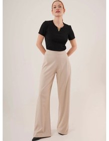 Resim Bol Paça Yandan Fermuarlı Krem Kumaş Pantolon Krem 