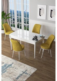Resim Canisa Zen Serisi 80x132 Mdf Açılabilir Beyaz Masa Takımı Ve 4 Hardal Sandalye Beyaz Masa Hardal Sandalyee 